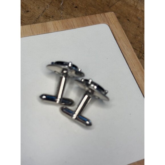 Swank Silver-Tone Round Cufflinks With Gray Stone Center For Men - Picture 5 of 8